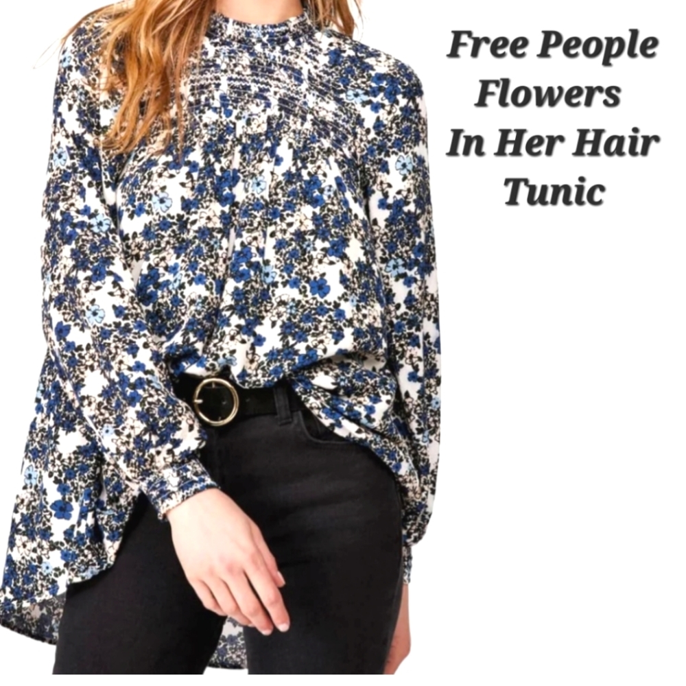 Free People Flowers In Her Hair Floral Long Sleeve Flowy Oversized Tunic Top XS